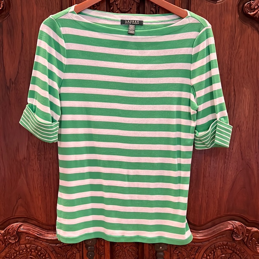 Ralph Lauren Short-Sleeved Green and White Striped Top
